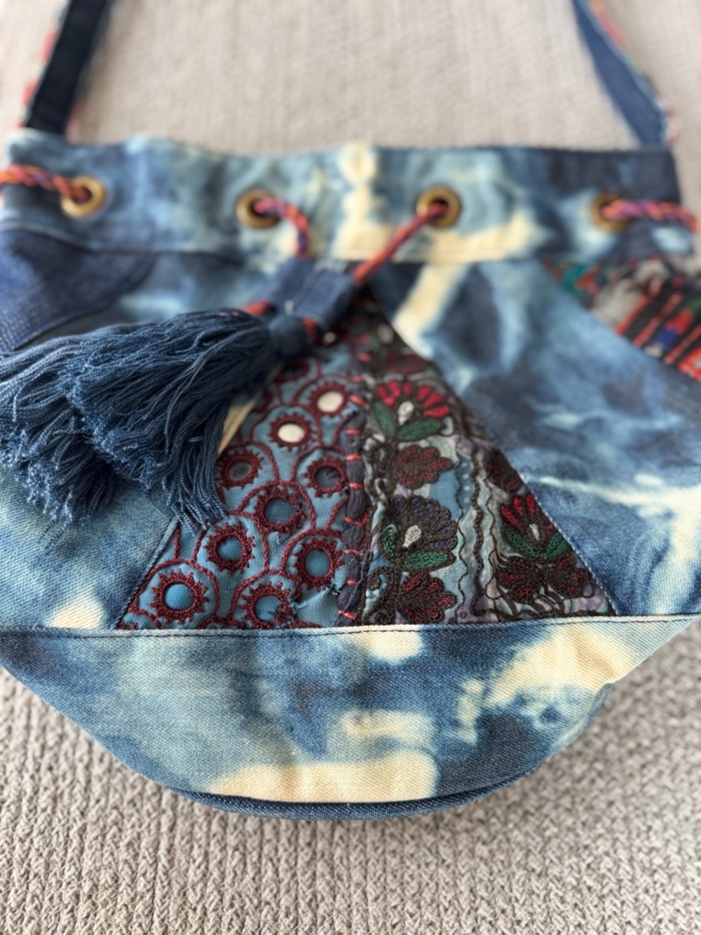 Earthbound Trading Co. Navy Blue Embroidered Fringe Tassel Bucket Bag Crossbody - Picture 4 of 11